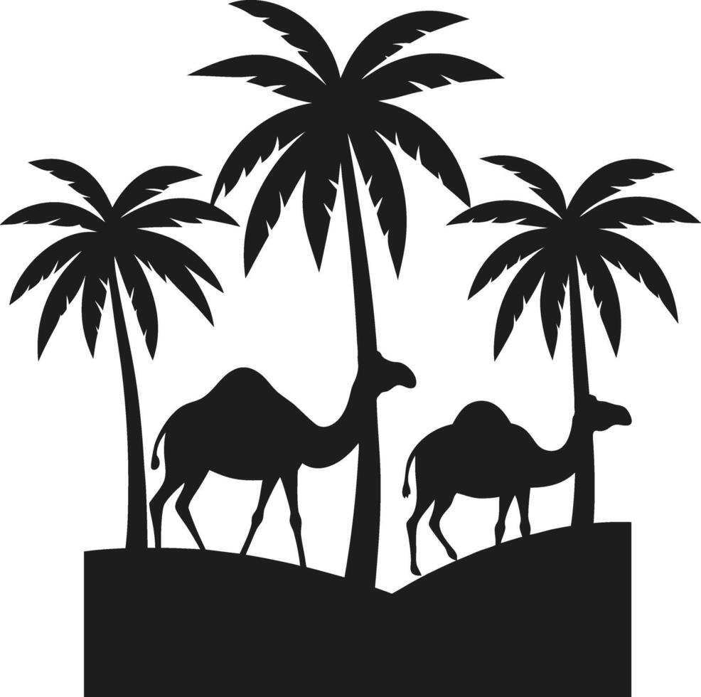 Desert Silhouette of Camels Under Palm Trees - Illustration vector