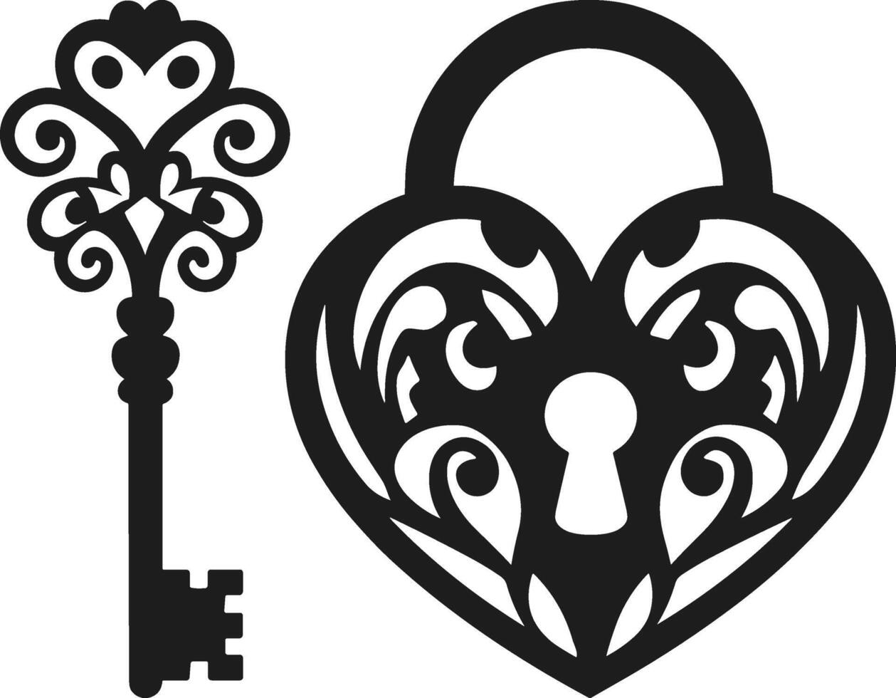 Ornate Heart Padlock and Key Silhouette Illustration vector