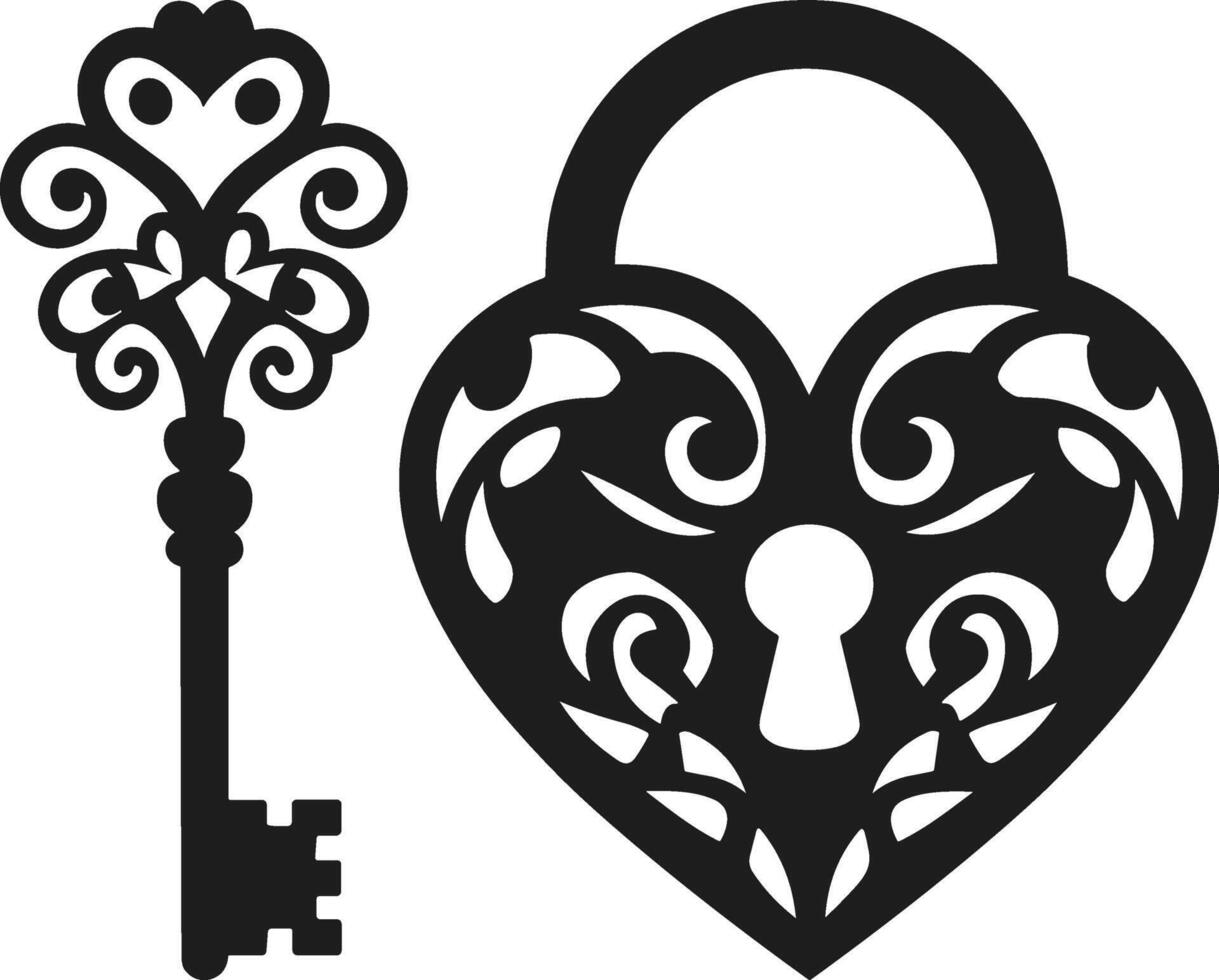 Exquisite Ornate Heart Padlock and Key Silhouette Artwork vector
