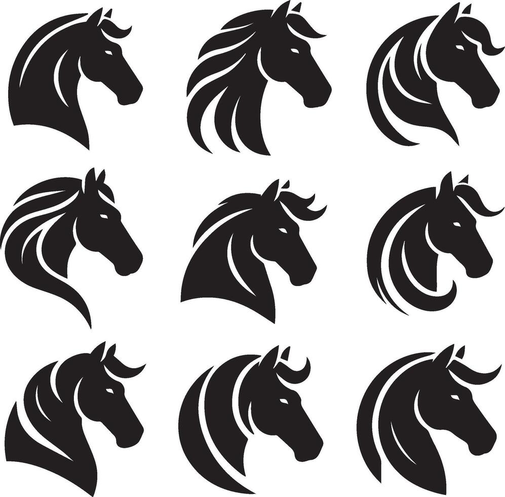 Horse head black silhouette lineart logo icon bundle, animal isolated on white background collection, creative minimal clean detail editable set vector