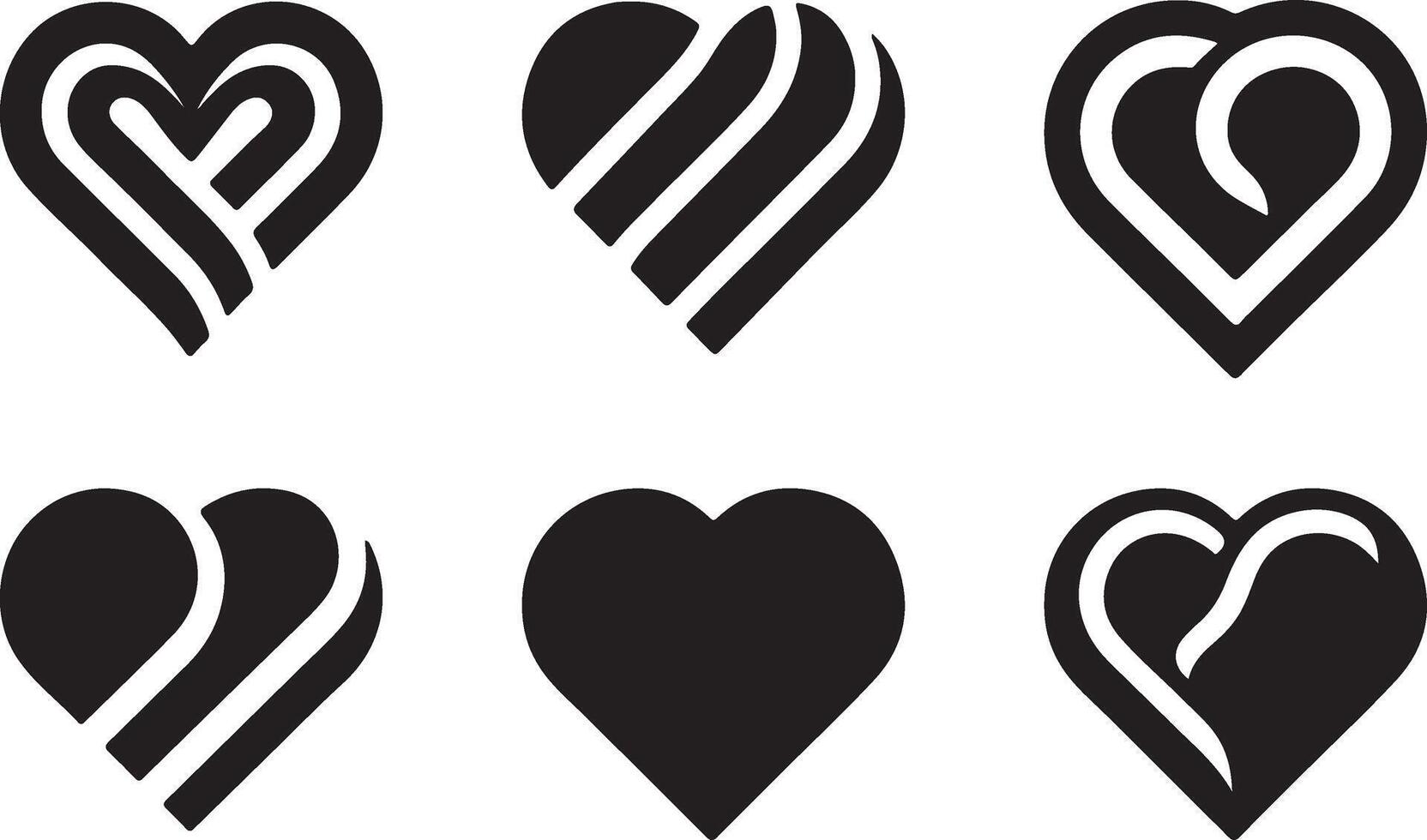 Love heart black silhouette lineart logo icon bundle, valentines day sign isolated on white background collection, creative minimal clean detail editable set vector