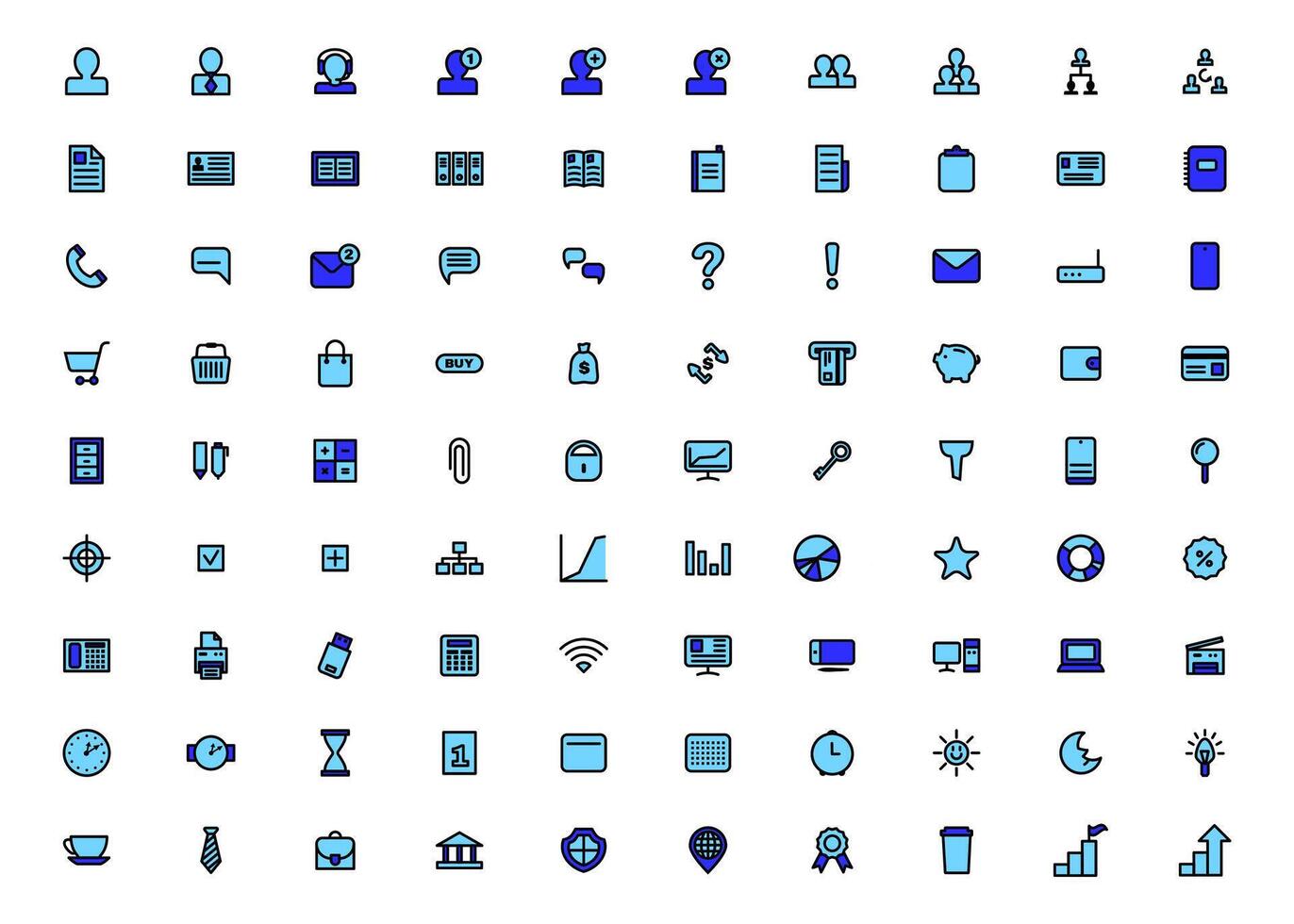 Business and Finance icons set. Black and blue signs on white background. Money and commerce design. vector