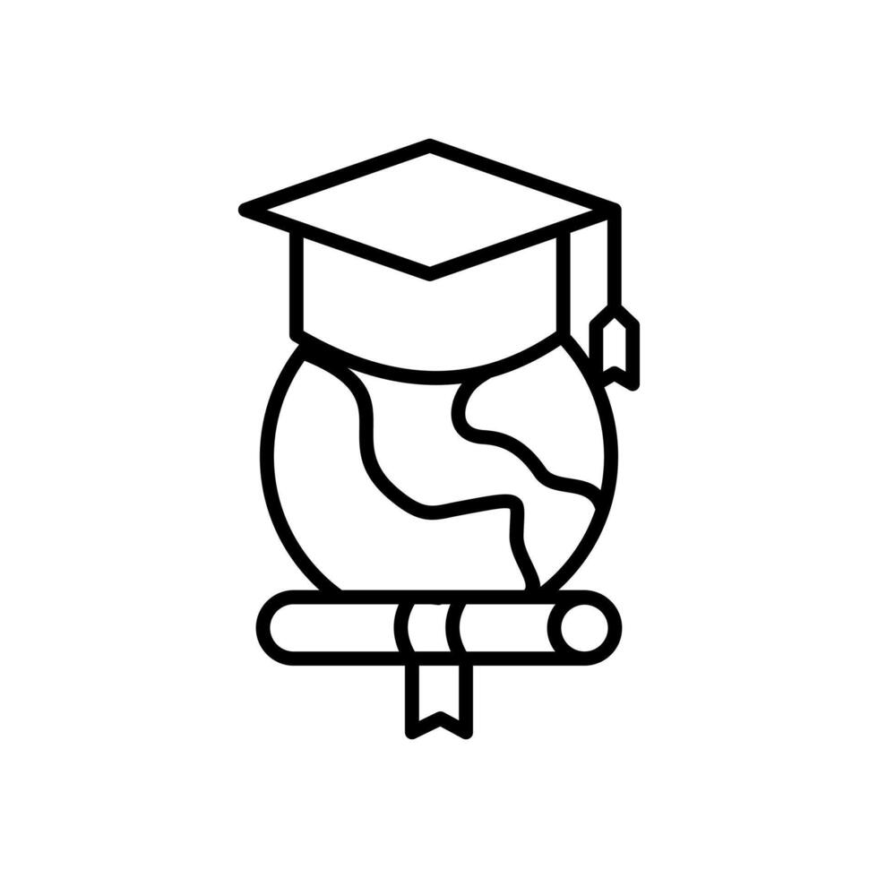 study abroad icon, Graphic showing graduation cap on globe, diploma below. Suitable for educational concepts, international students, graduation themes, and academic presentations. vector