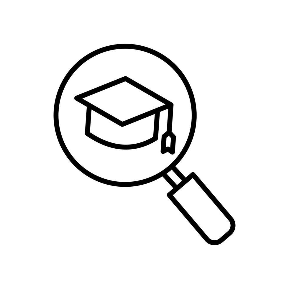 icon academic search,Magnifying glass over graduation cap suitable for educational concepts, professional development, academic research illustration, and student achievement celebration design. vector
