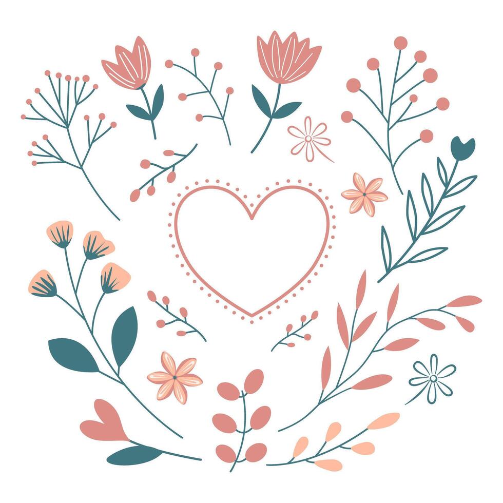 floral heart frame with flowers and leaves vector