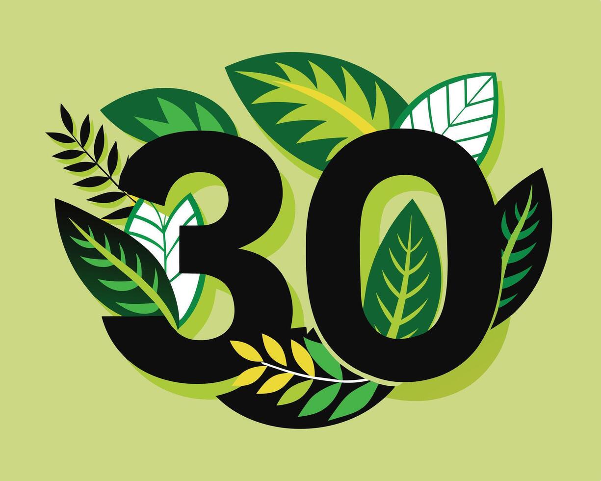 Number 30 alphabet of green leaves vector