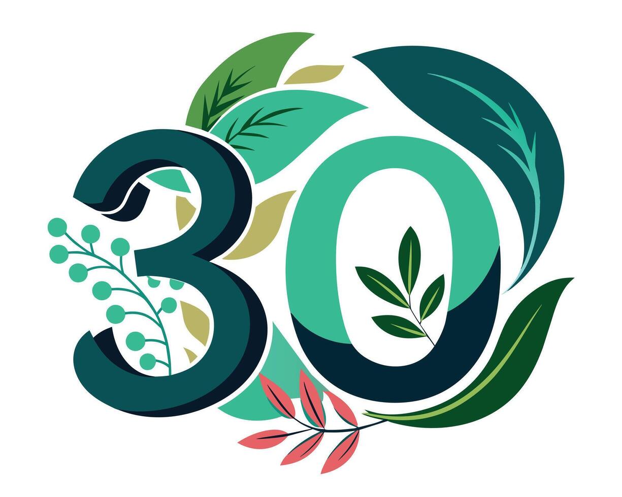 the number 30 design with a leaf texture vector