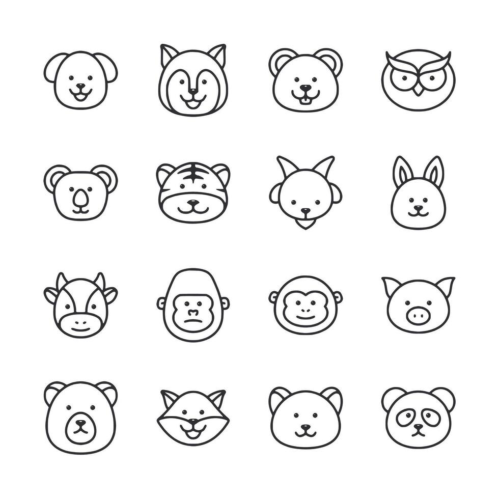 A collection of animal faces in black and white vector