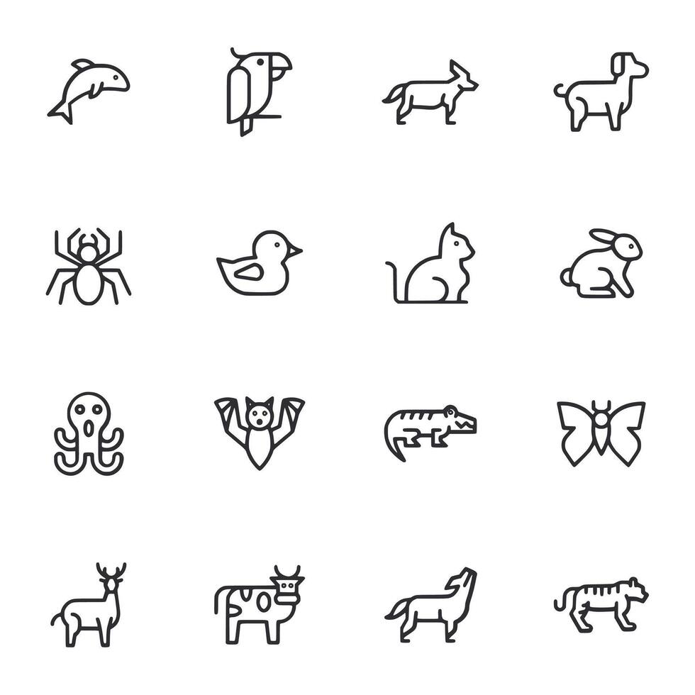 A set of animal icons in black and white vector