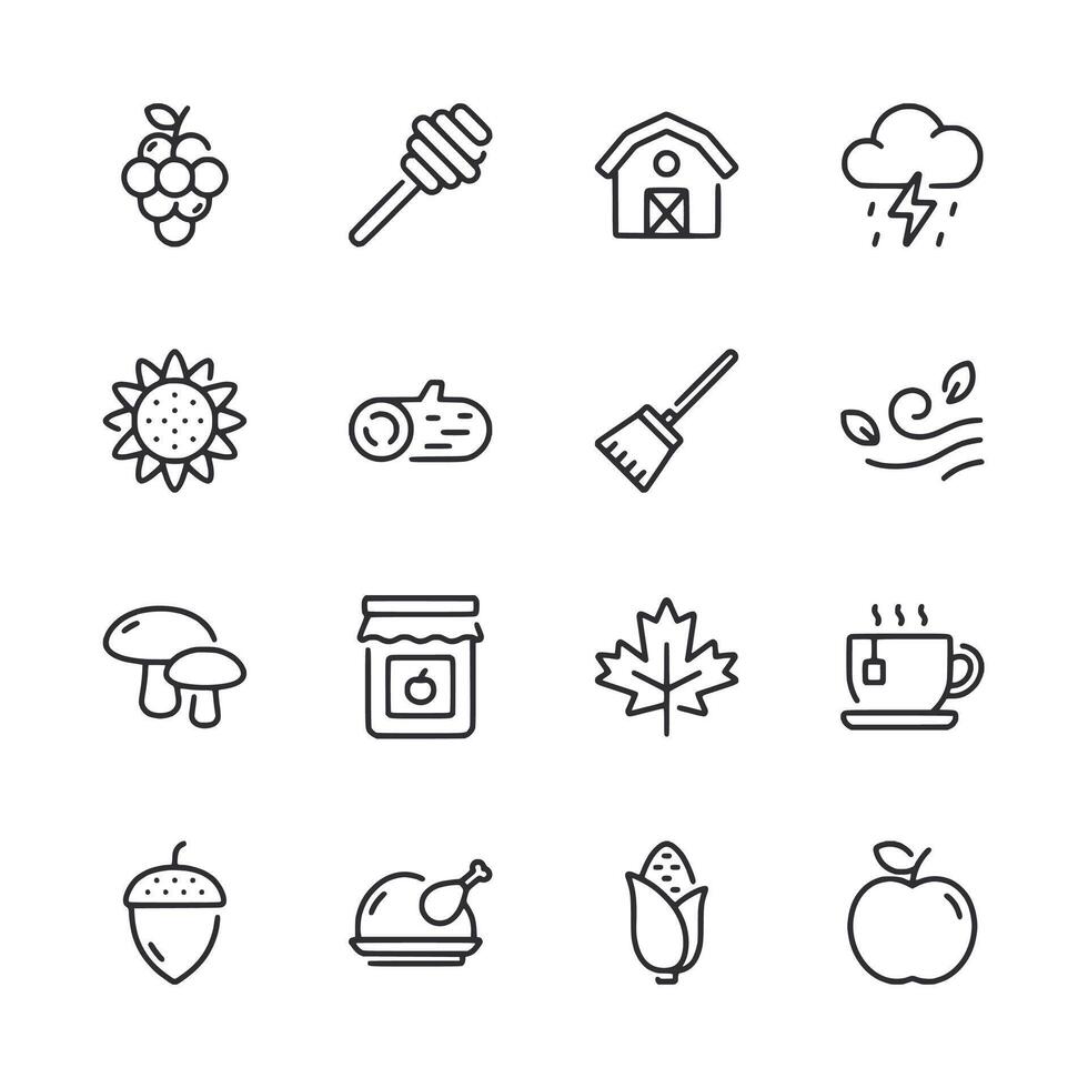 A set of icons for the fall season, including apples, pumpkins, and leaves vector