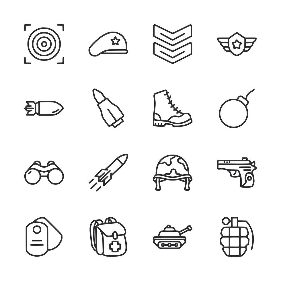 A set of military icons including a bullet, a gun, a rocket, and a helmet vector