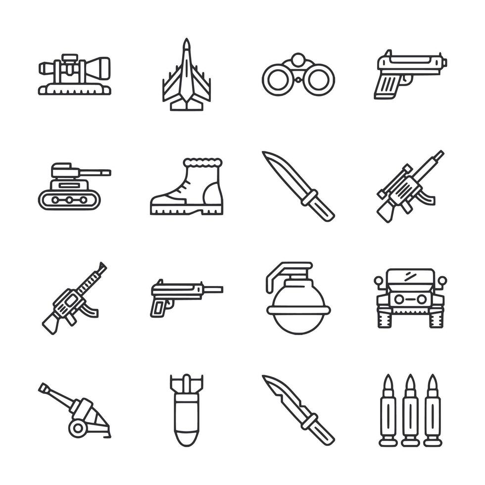A set of military icons including a gun, a knife, a grenade, and a tank vector