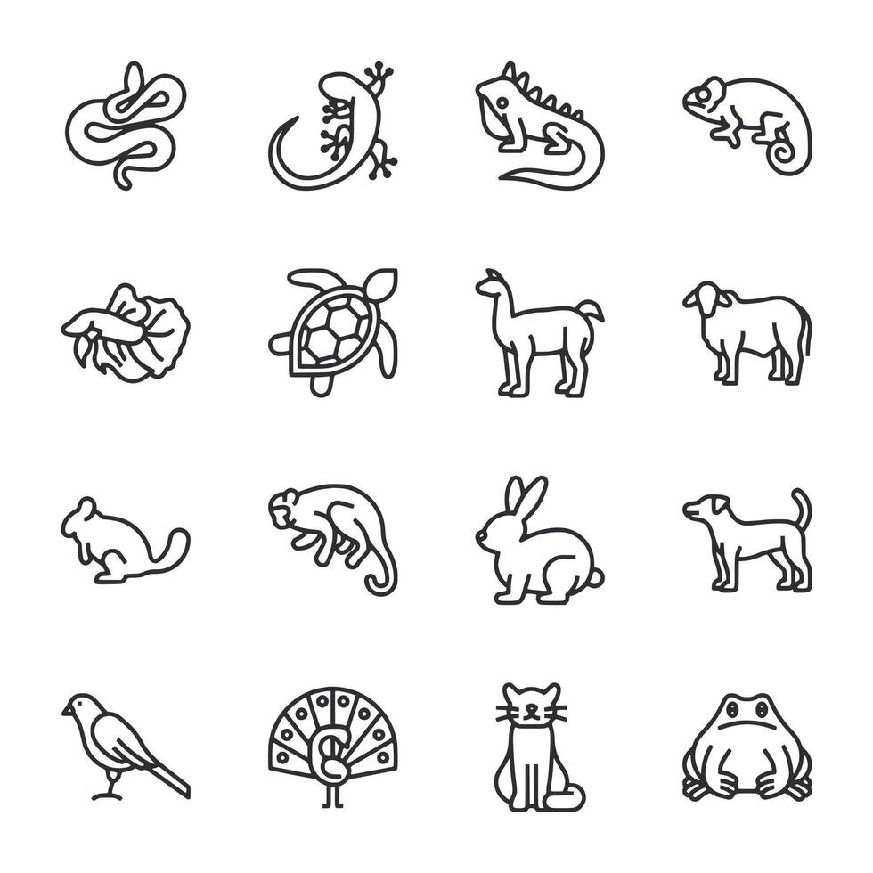 A set of animal icons in black and white vector