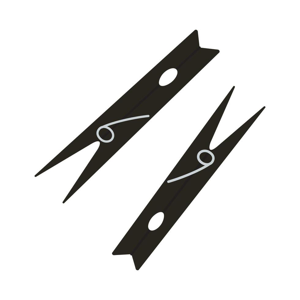 illustration of clothespins in flat cartoon style. Simple and modern design with black wooden pegs and metal springs. Perfect for laundry, drying, and household organization themes vector