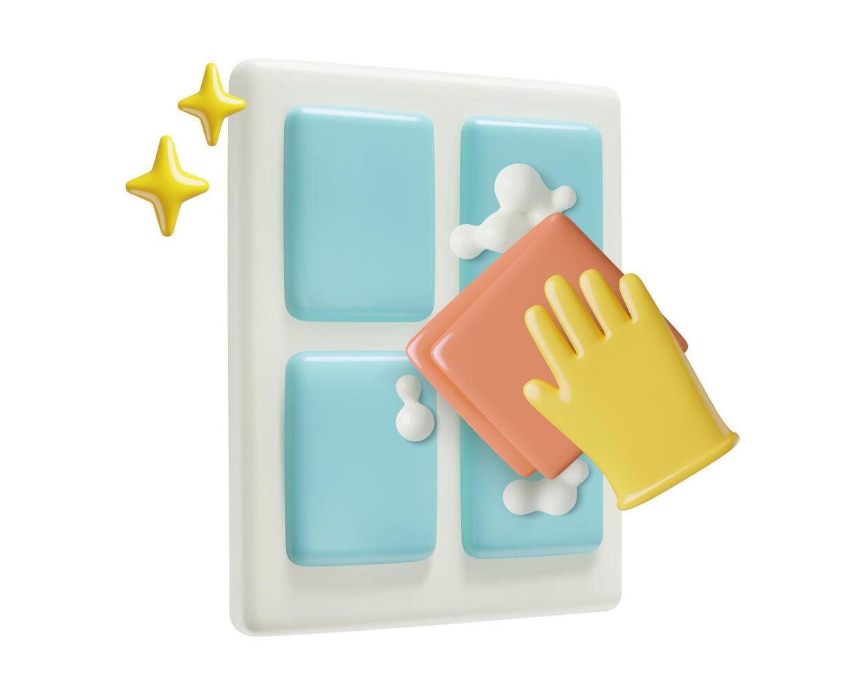 Window washing 3d illustration with rubber glove cleaning cloth and soap foam vector