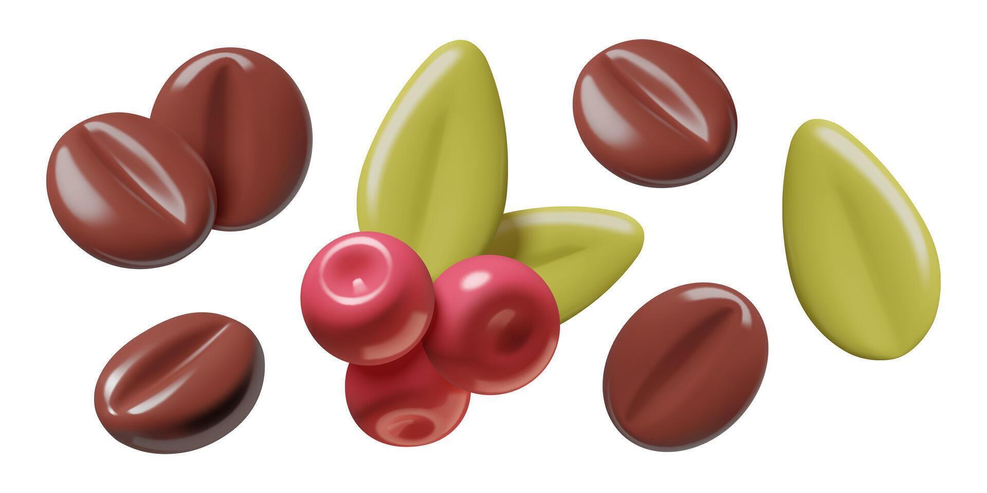 Roasted coffee beans cherries and green leaves 3d design elements set vector