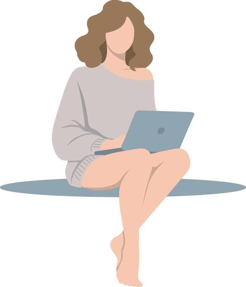 Woman Use Laptop Barefoot Illustration. vector