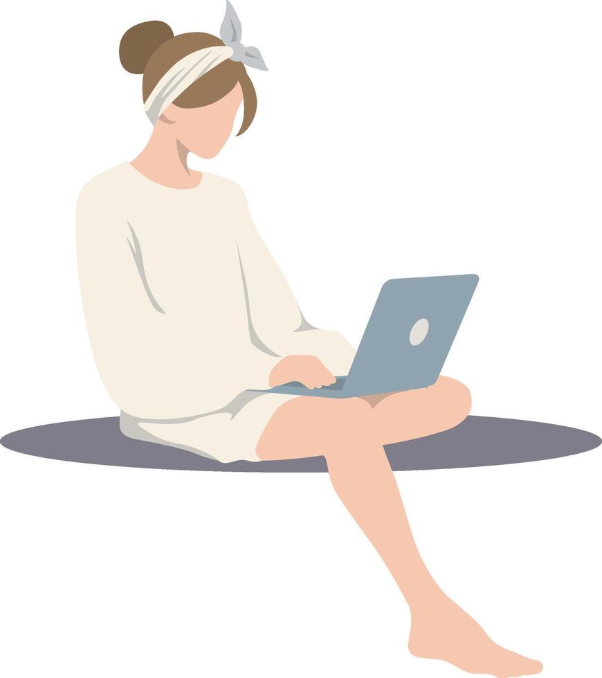 Woman Sitting and Using Laptop at Home Illustration. vector