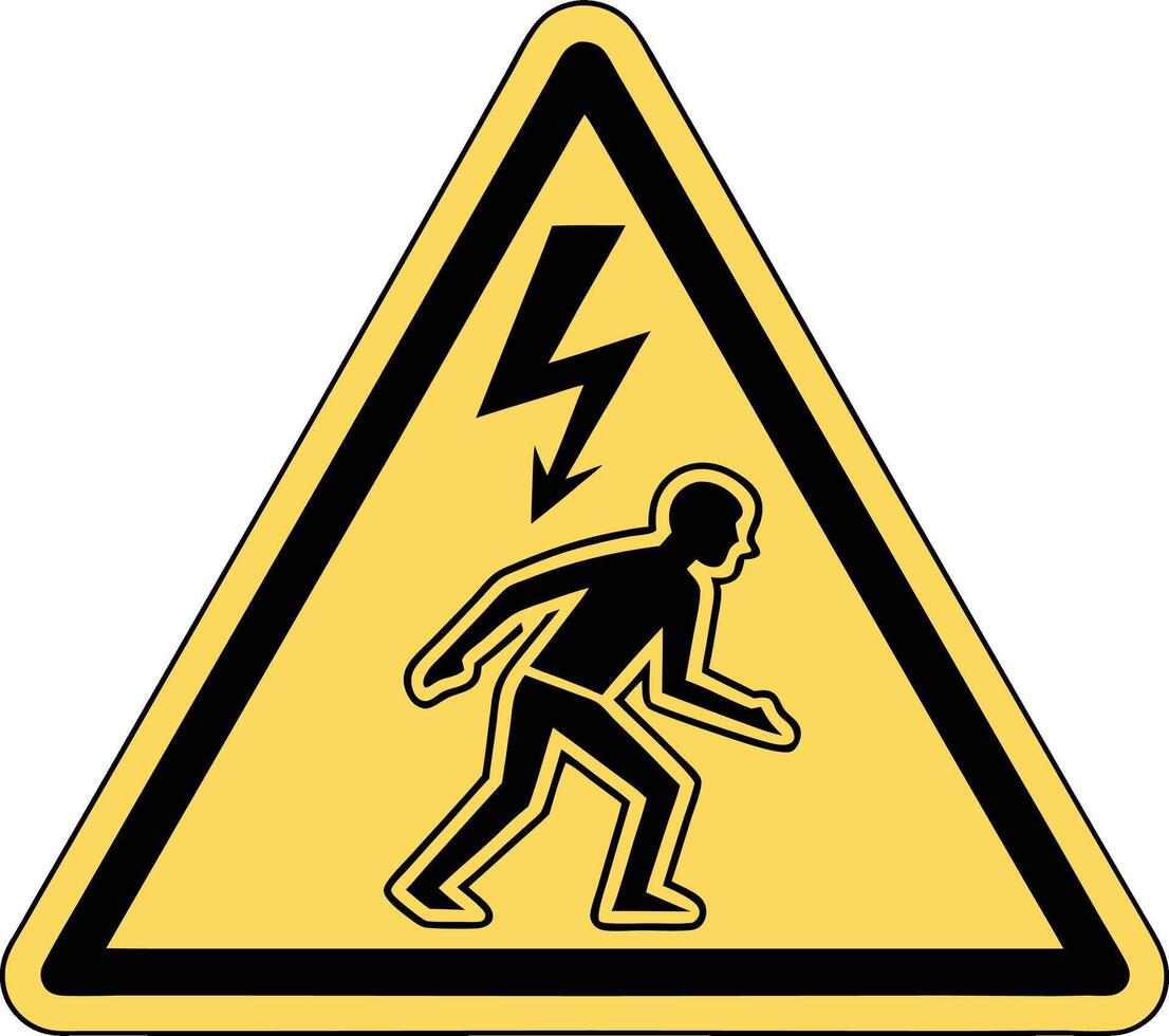 Yellow warning sign triangular shape black border and silhouette of human figure. vector