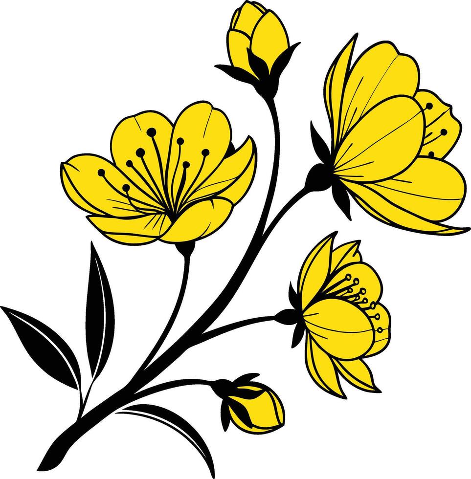 Yellow floral illustratio black stem and leaves and stylized botanical art. vector