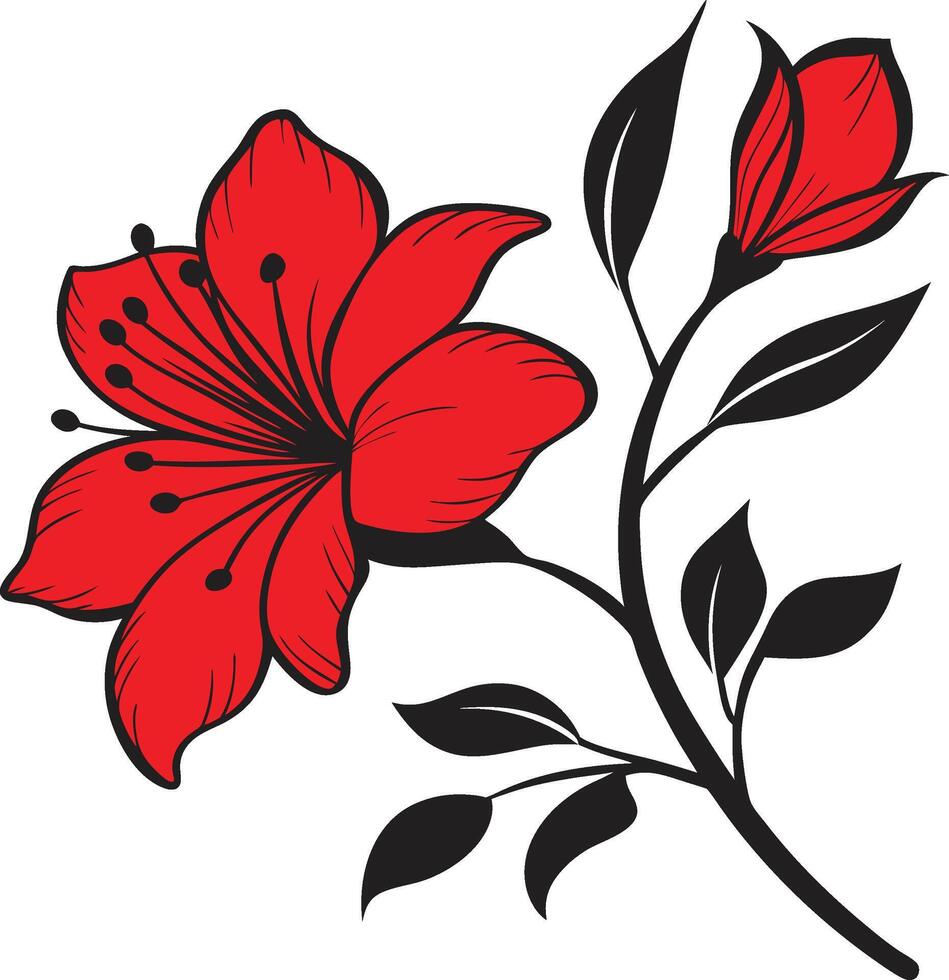 Red hibiscus flower black and white leaves and bold graphic design. vector