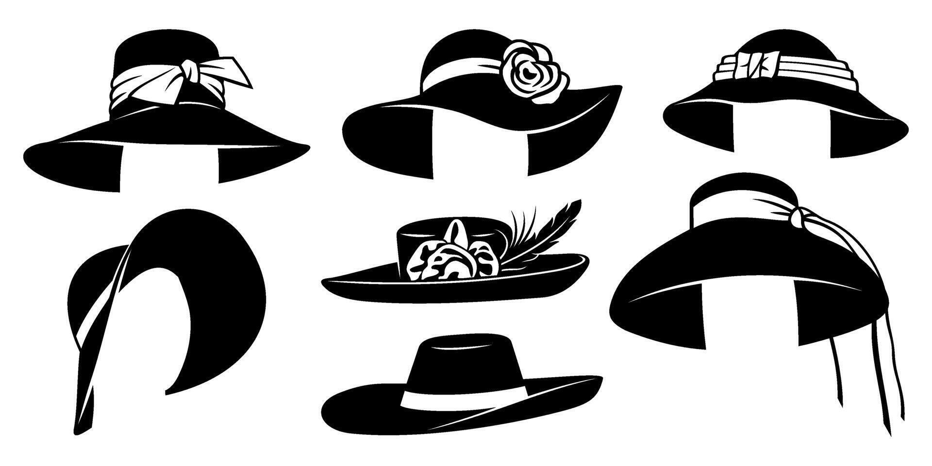 Set of Woman Hats. Black and white cliparts isolated on white. vector
