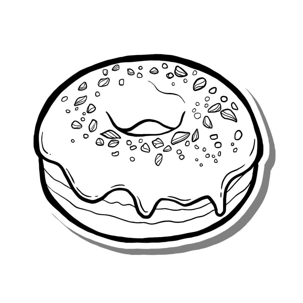 Green Tea Donut Outline on white silhouette and gray shadow. Hand drawn cartoon style. illustration for decorate and any design. vector