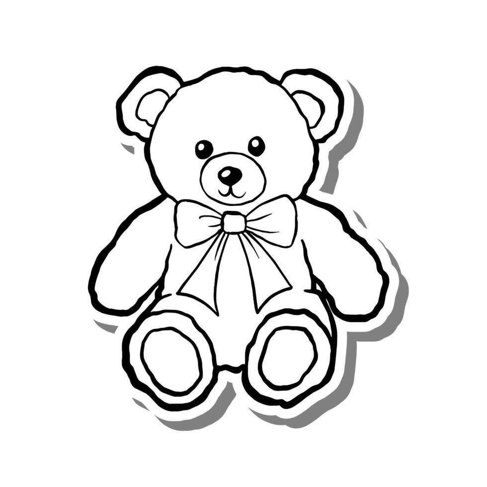 Cute Teddy Bear with Bow Outline on white silhouette and gray shadow. Hand drawn cartoon style. illustration for decorate and any design. vector