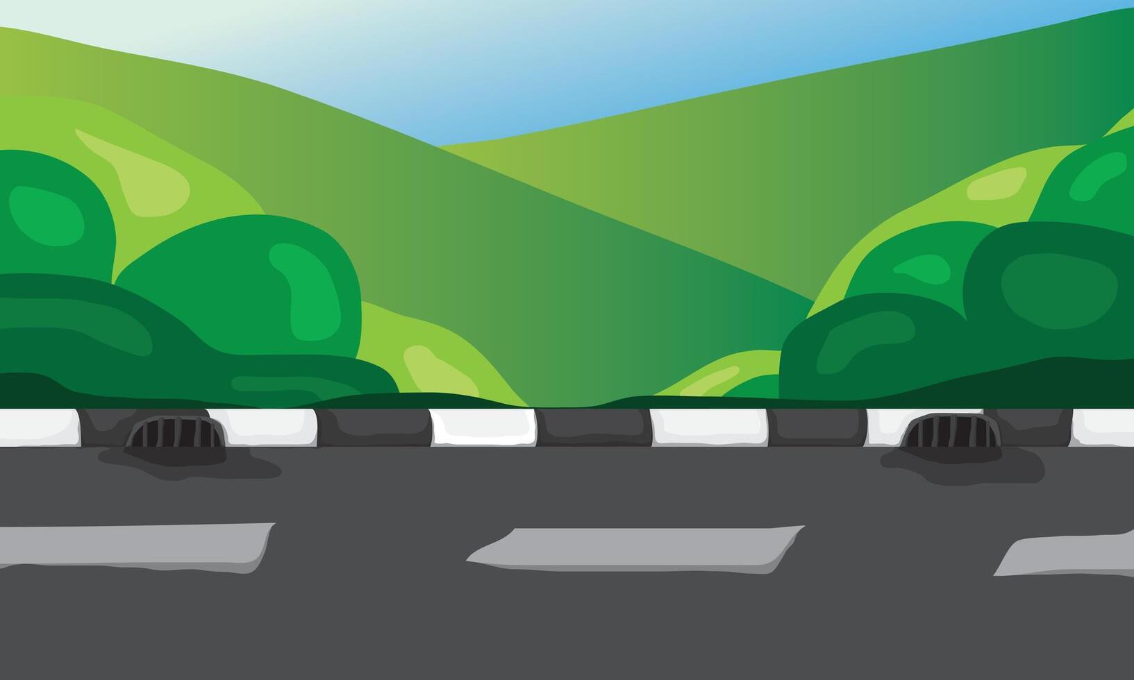 Illustration of a highway and plants on the sides with a hilly background vector