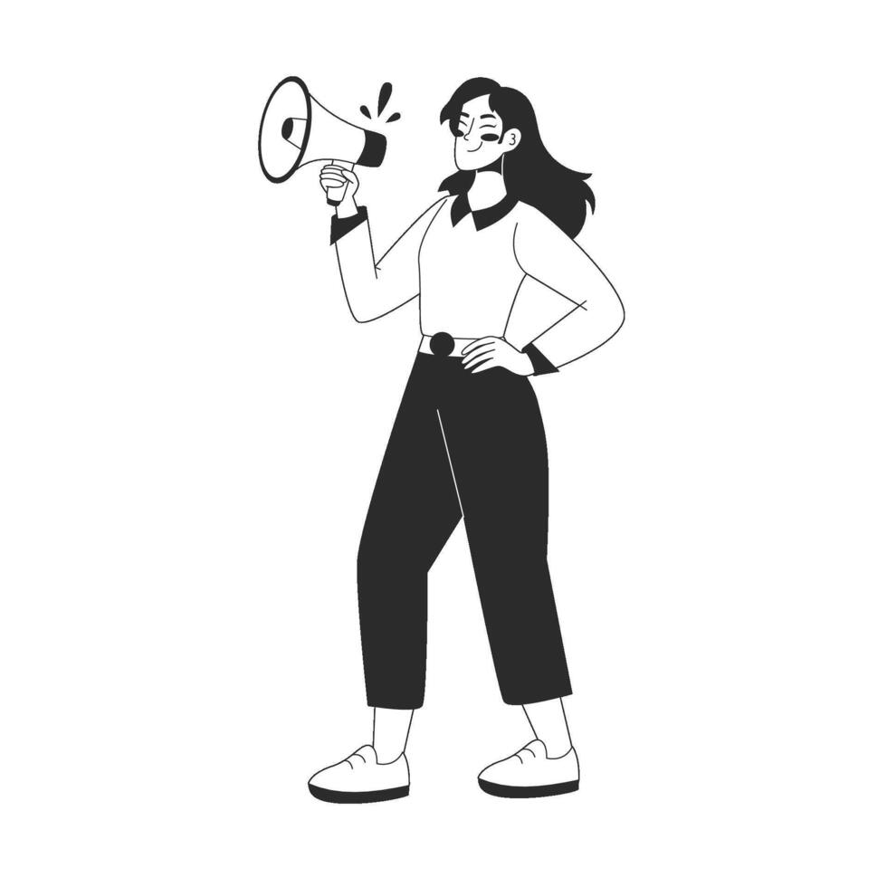 Woman speaking in megaphone, standing with loudspeaker, signaling an announcement or call to action. flat illustration for web or app design in outline style vector
