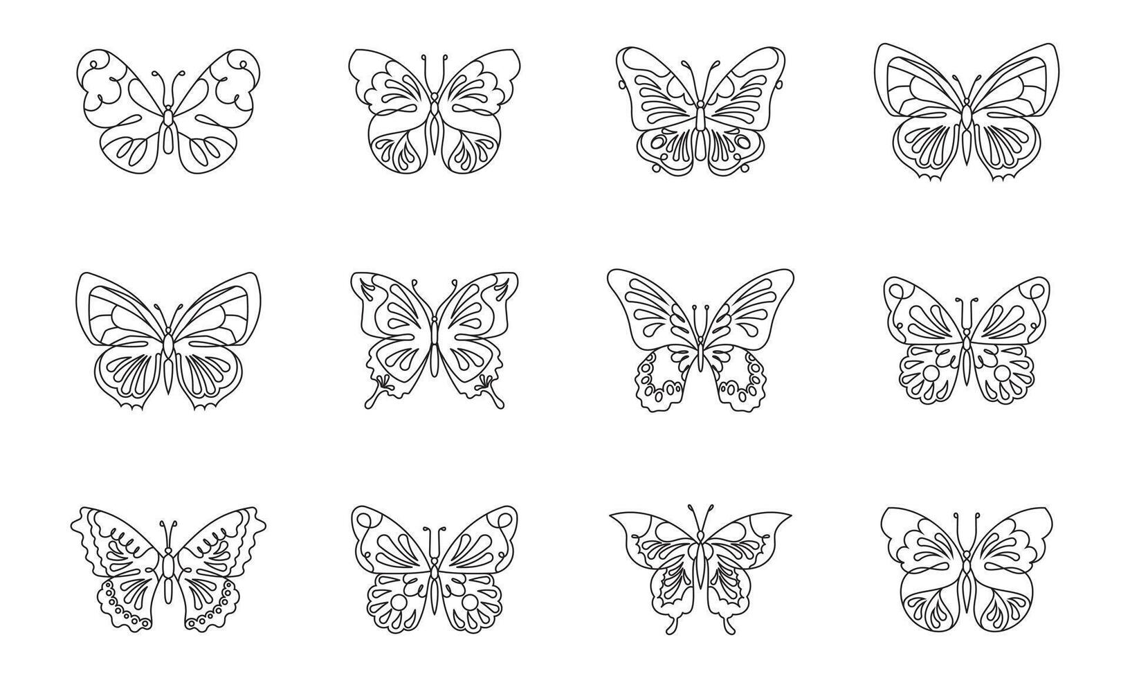 Drawing butterflies. Stencil butterfly, moth wings and flying insects isolated outline illustration set vector