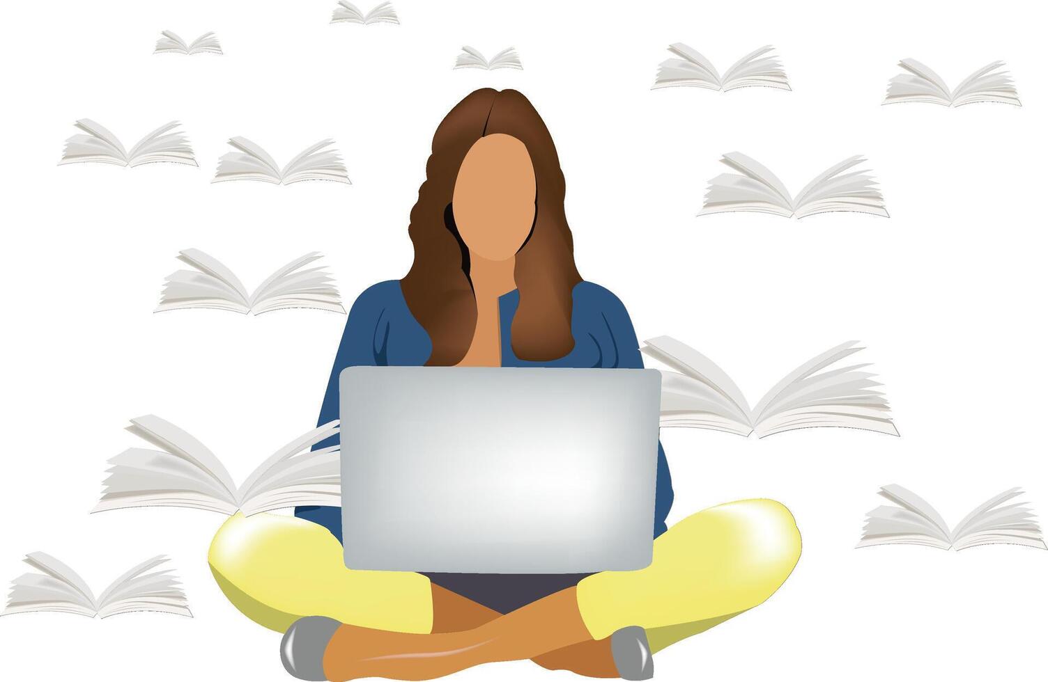A woman sitting on the floor with a laptop and books around her vector