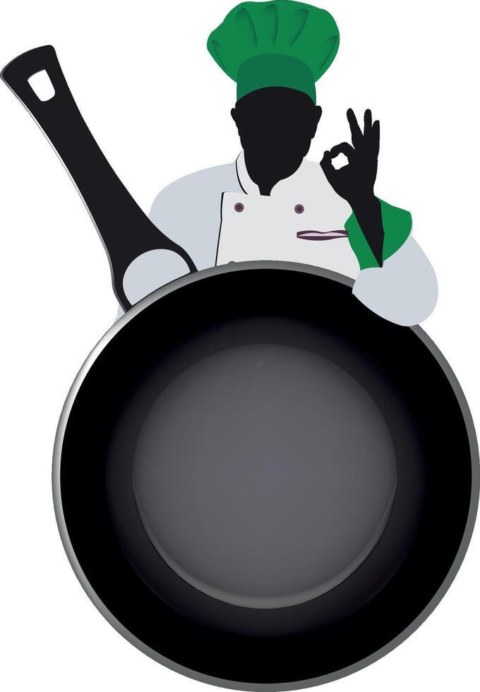 A chef holding a frying pan and making an ok sign vector