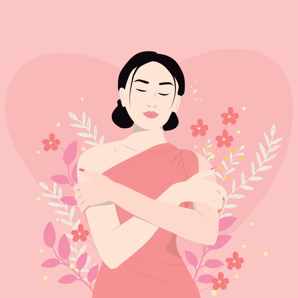 Asian girl hug herself. vector