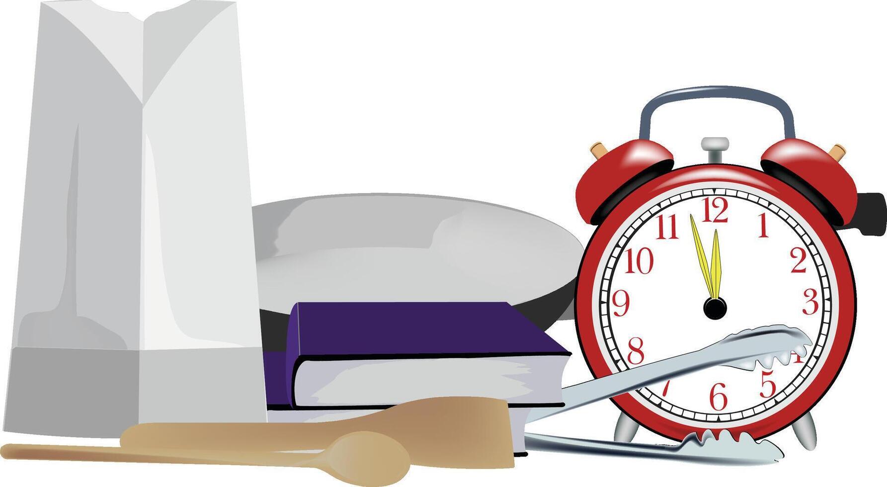 A clock, a spoon, a knife, a fork, and a napkin vector