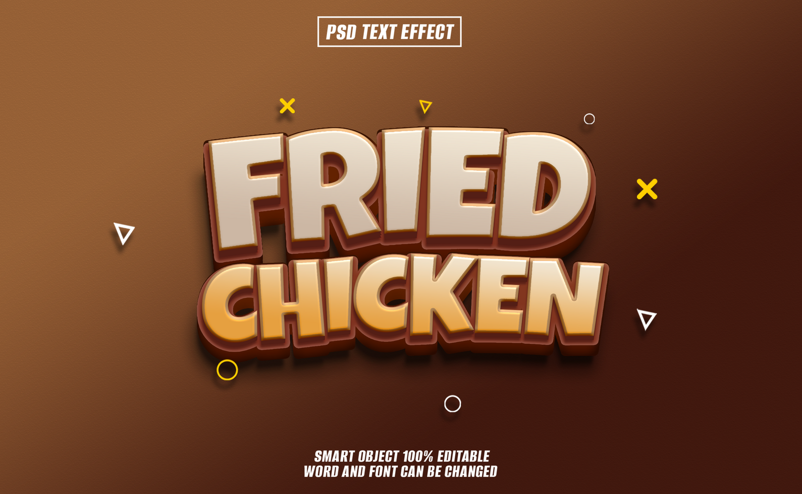 3D text effect design of Fried Chicken with brown and beige color scheme on a brown background. psd