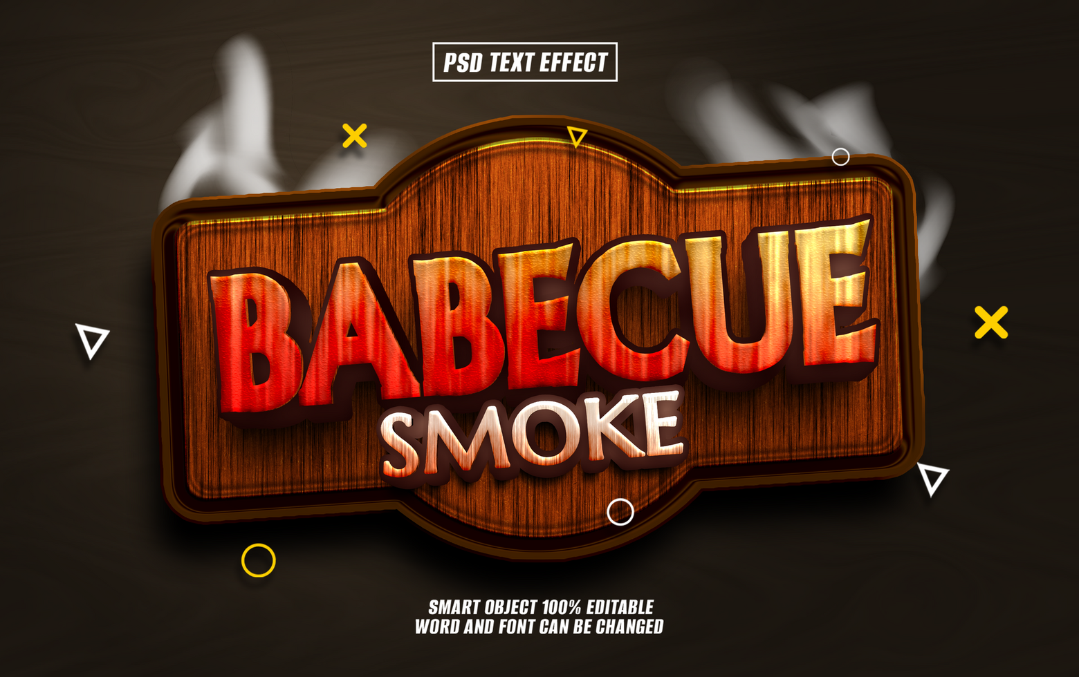 3D wooden BBQ text effect design with smoke. psd