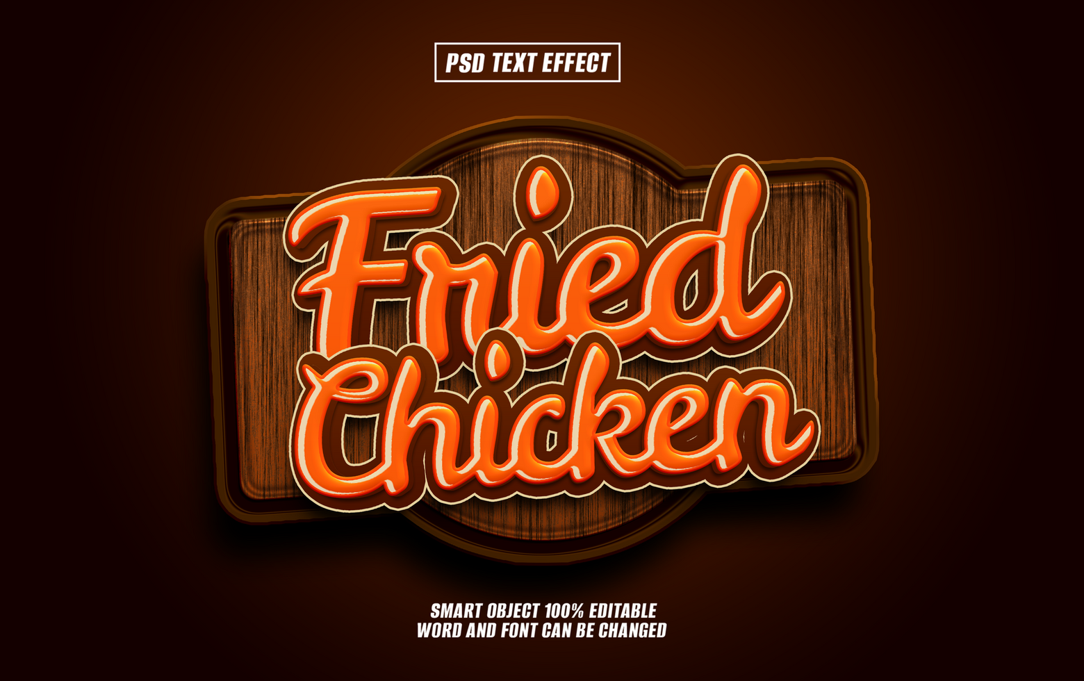 Delicious fried chicken text effect on a wooden sign. psd