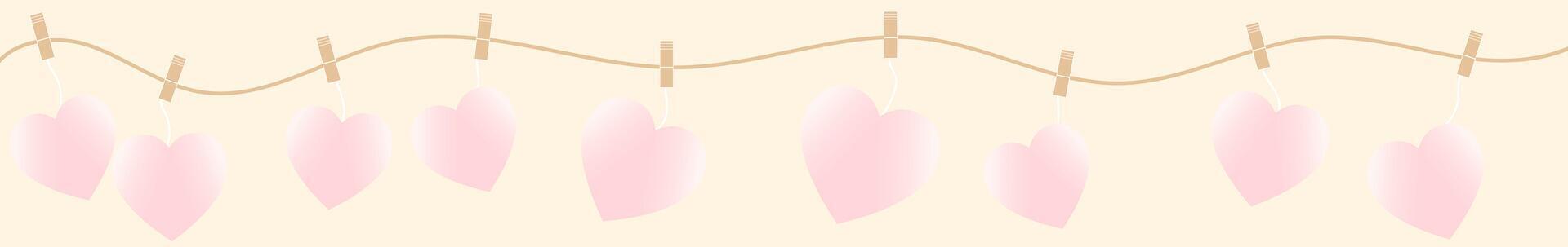 Abstract border background with lines and a pink paper heart hanging on a rope with a clothespin, symbolizing love and romance in a minimalist and creative style. vector
