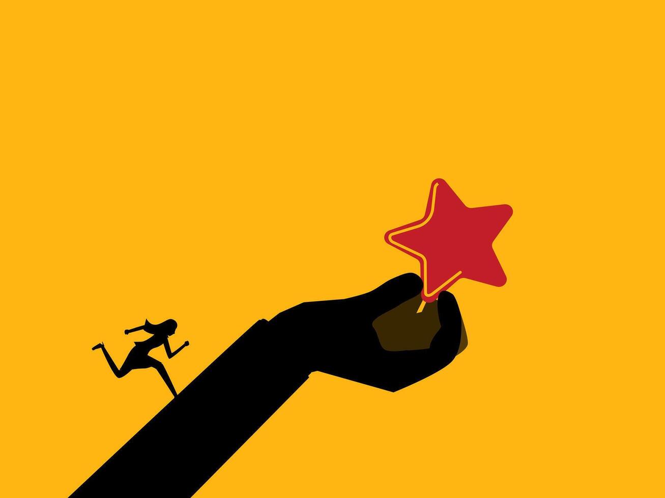 Motivate to do the best work. woman running up to the star on the giant hand vector
