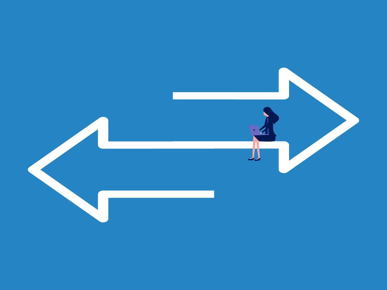 Exchange and communication, opposite decisions. Businesswoman on arrow transferring data vector
