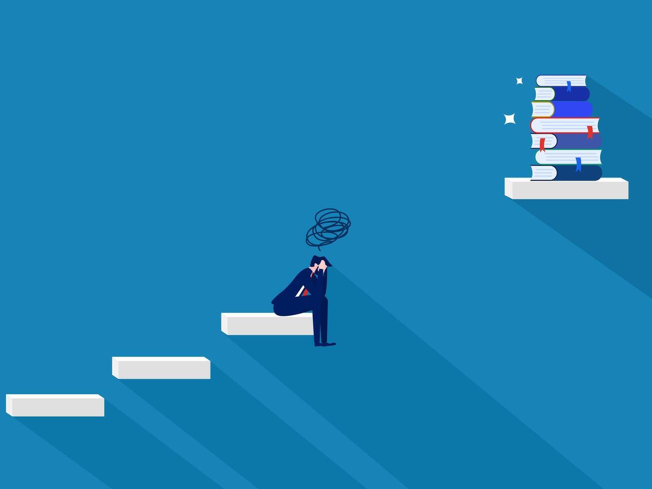Learning Problems .Businessman Sad About the Gap Between Stairs and Top of Books vector