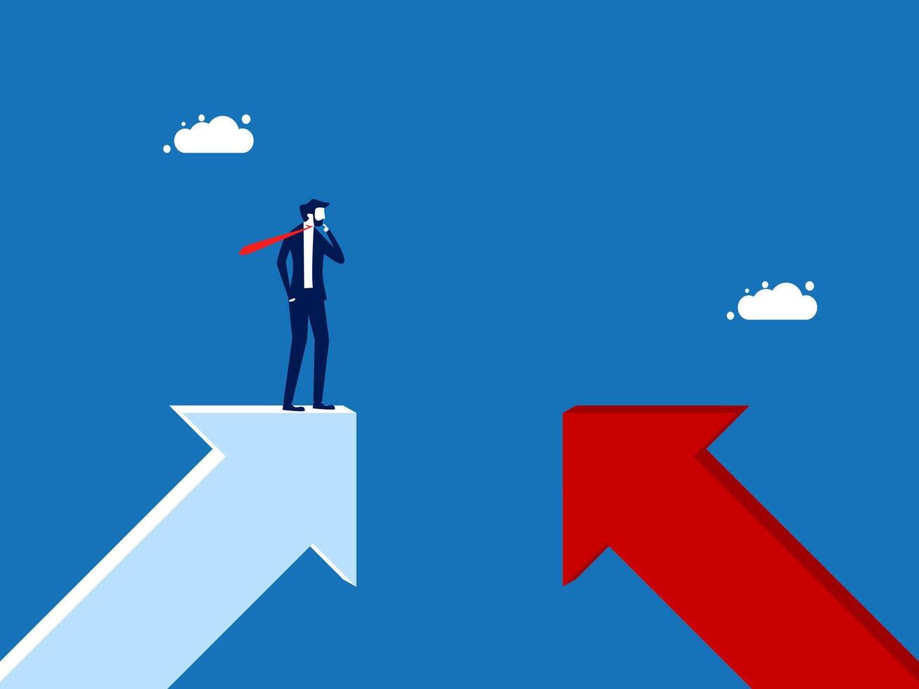 Decide on a new path, Businessman stands on the gap between two arrows vector