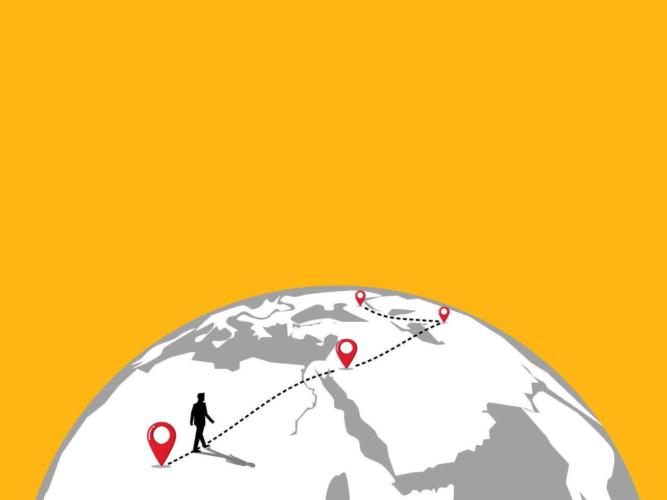Businessman walks along the world map pins, World map pin with dotted route. Missions and objectives vector