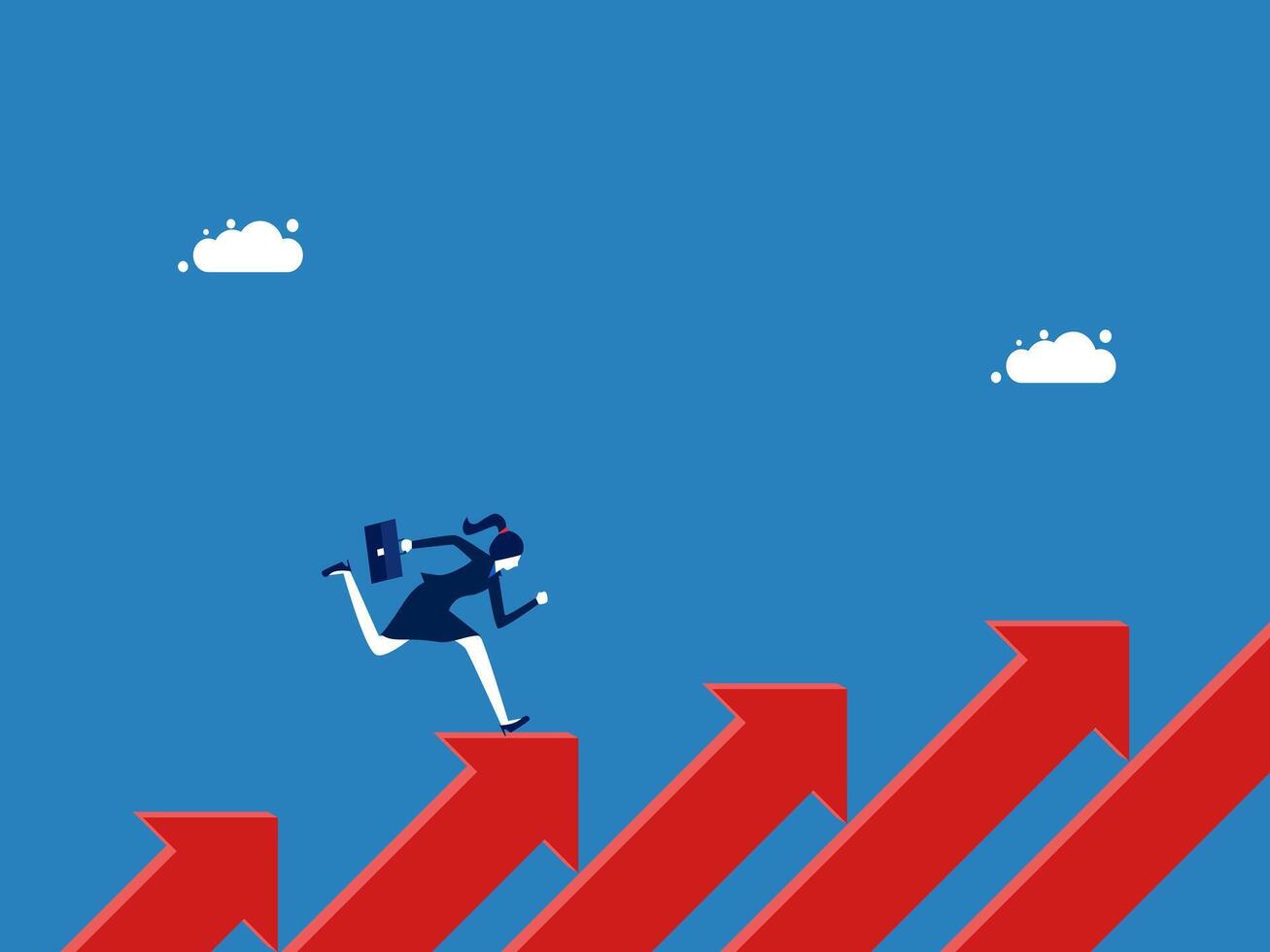 Career advancement concept. Businesswoman running on the arrow that grows vector