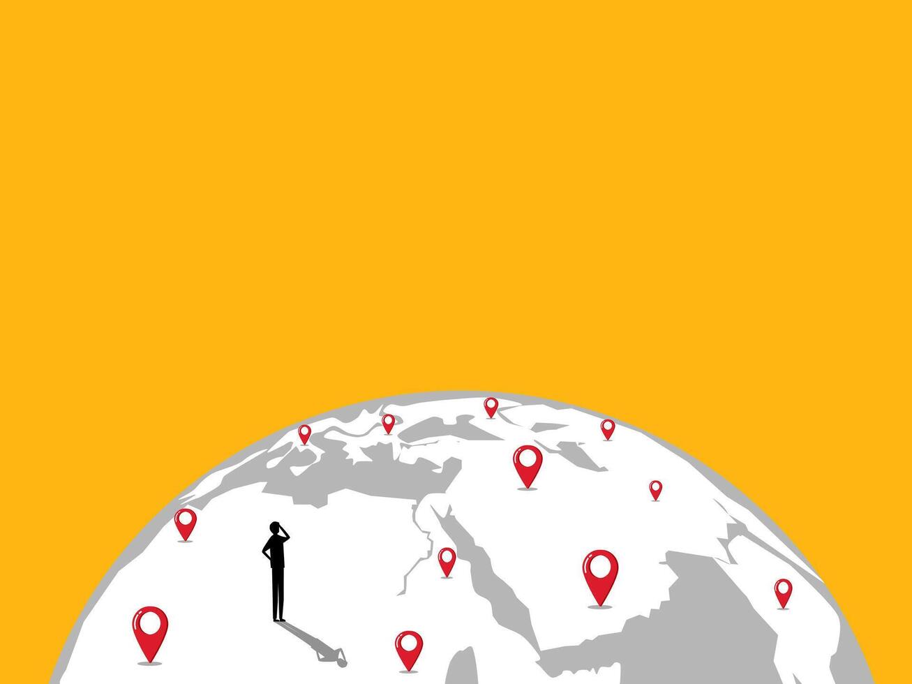 Businessman stands looking at world map pins, expanding branches, traveling, searching for new business opportunities vector