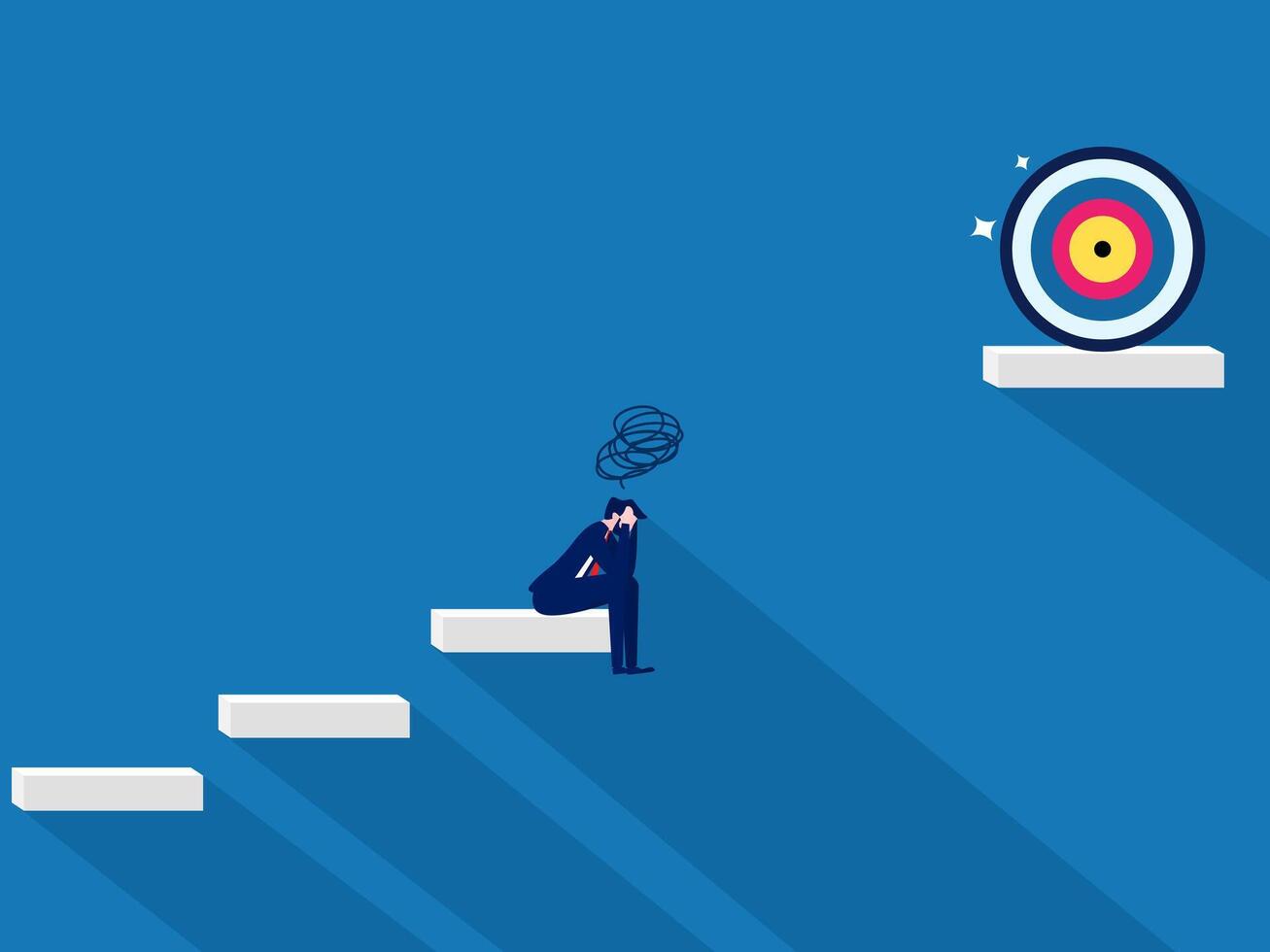 Not reaching the goal. Businessman sad about the gap between the stairs and the goal vector