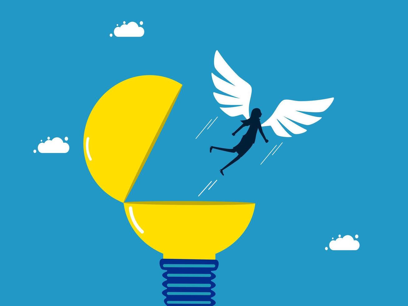 woman flying out of a light bulb vector