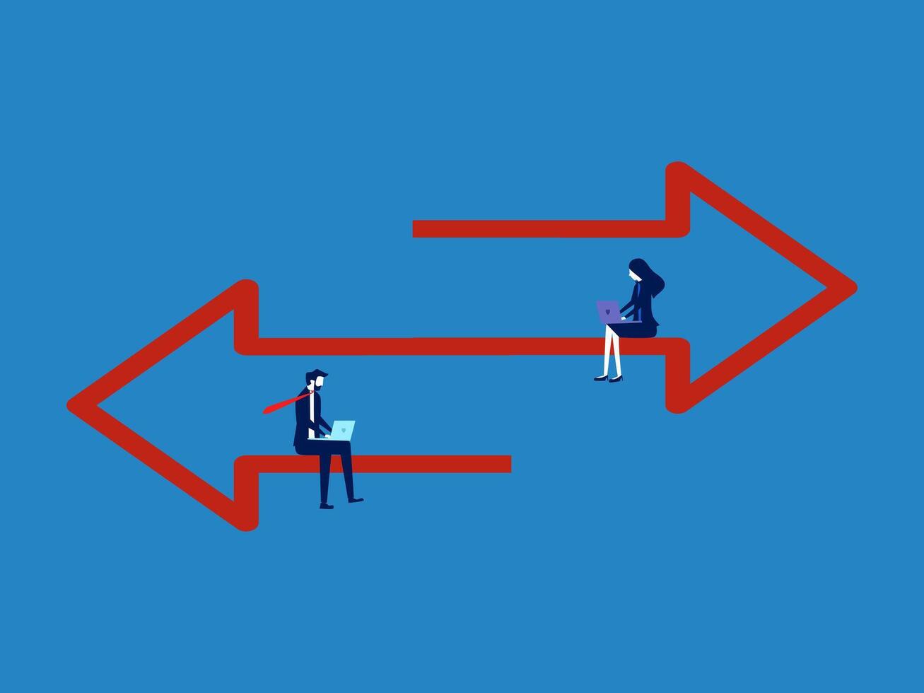 Data transfer or transaction, exchange and communication, two businessman on opposite arrows vector