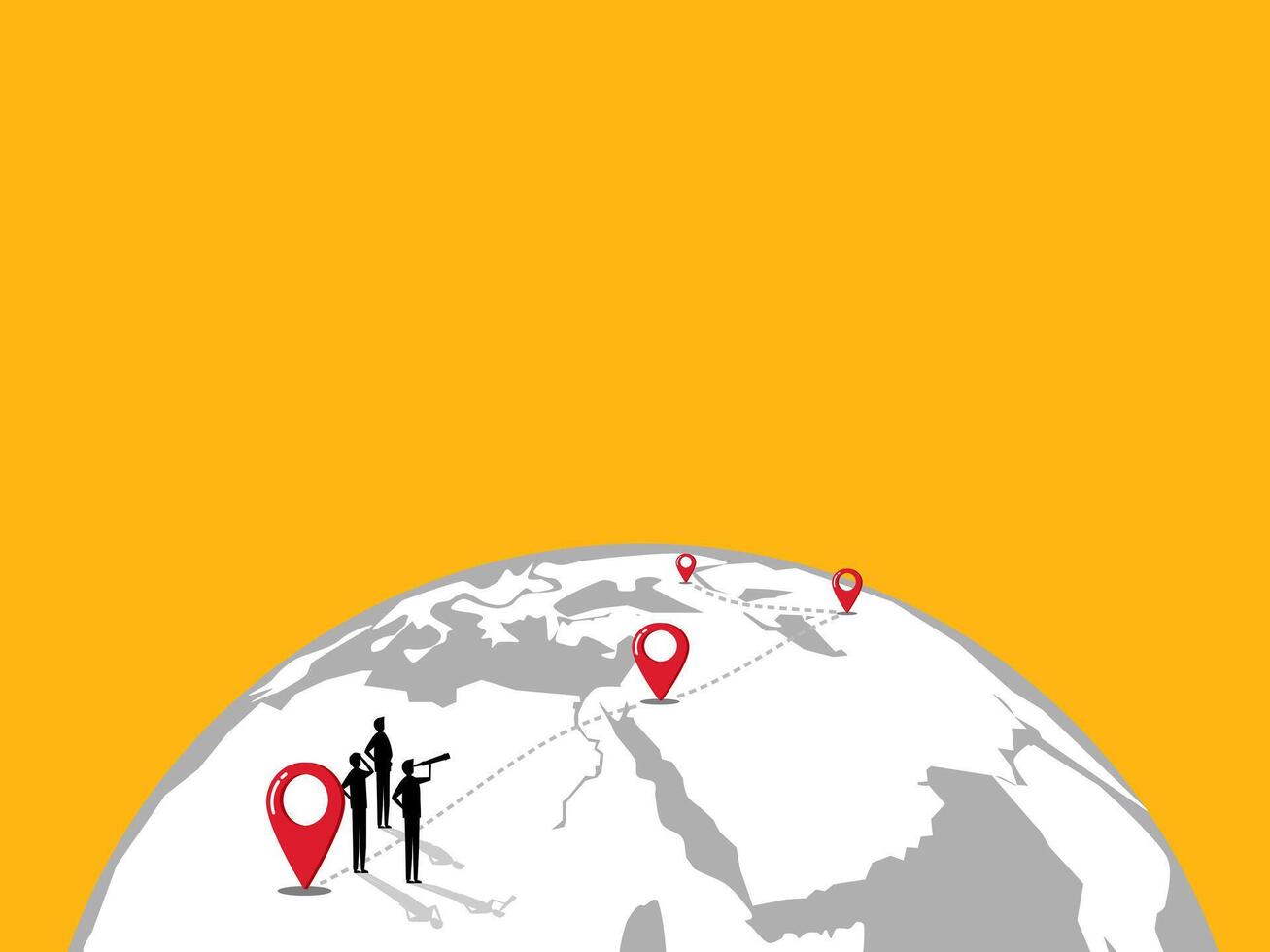 Business team standing looking at world map pins, expanding branches, traveling, searching for new business opportunities vector